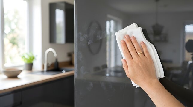 Cleaning Shiny Kitchen Cabinet Door Surface With White Cleaning Cloth