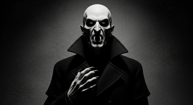 Monochrome portrait of a vampire with sharp fangs and clawed hand, symbolizing horror, mystery, and the supernatural, perfect for dark themes.
