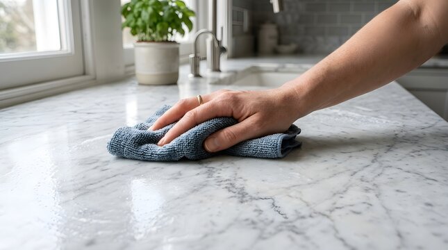 Cleaning Smooth Marble Kitchen Countertop With Blue Cloth at Home
