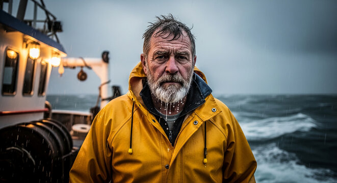 Portrait of a weathered fisherman in a yellow raincoat amidst a stormy sea, symbolizing resilience, the harshness of the ocean, and maritime life