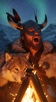 A viking warrior and wolf near a campfire under aurora borealis, symbolizing strength, nature, and survival, evocative of ancient sagas.