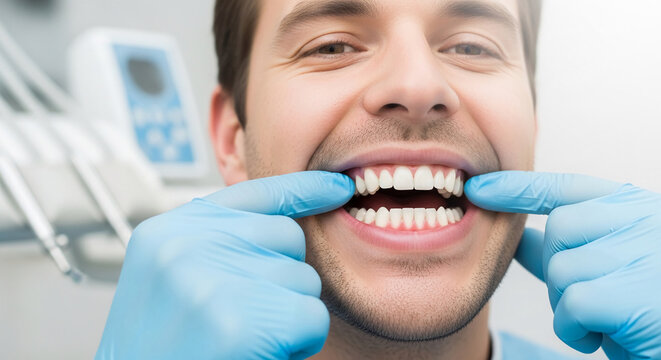 Close-up of a man revealing his white teeth, pulled by hands in blue gloves, symbolizing dental care and hygiene