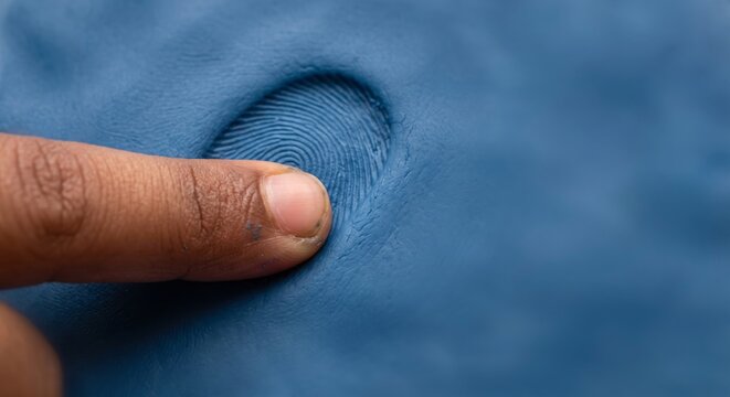 Close-up of a finger pressing into soft, blue fabric, creating a dimple and showing texture