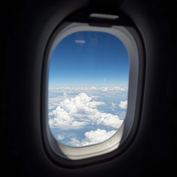 View through an airplane window showing white fluffy clouds and clear blue sky during a sunny day flight