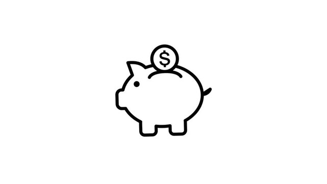 A simple outline icon of a piggy bank with a coin on a white background.