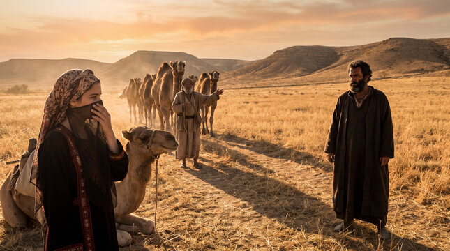 Rebecca veils her face as she sees Isaac walking toward her across the evening field, photorealistic depiction of the Genesis story