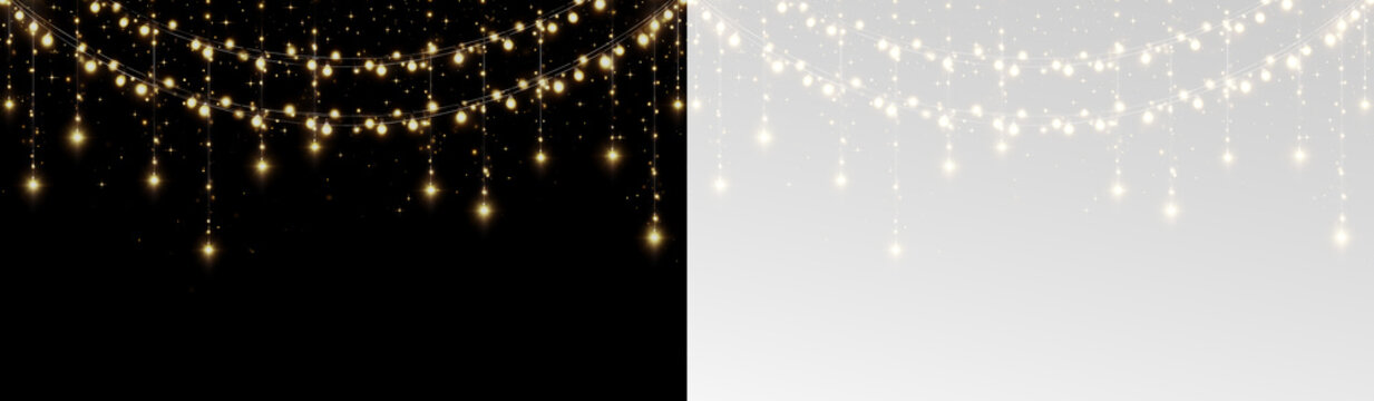 Christmas garland with glowing bulbs, a soft radiance, and a festive light effect against a dark png transparent background.