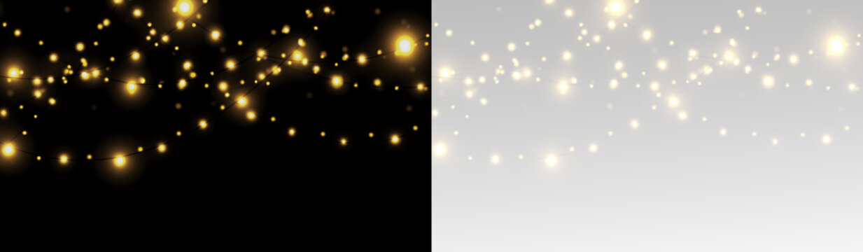 Shimmering gold Christmas garland with glowing bulbs and an elegant sparkling effect on a transparent background.