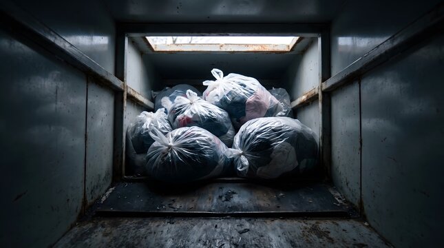 Plastic bags of clothing in industrial recycling bin
