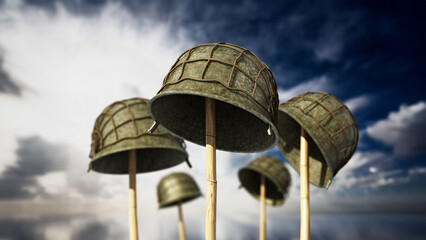 Obraz premium World War II helmets against blue sky. 3D illustration