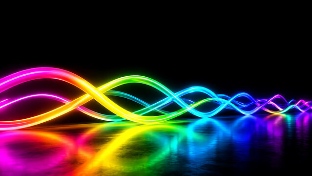Abstract Rainbow Neon Light Waves with Glossy Reflection on Black