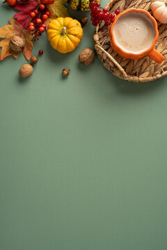 Autumn still life with pumpkin, fall leaf and warm coffee cup for Thanksgiving Day vertical flat lay on elegant green color table