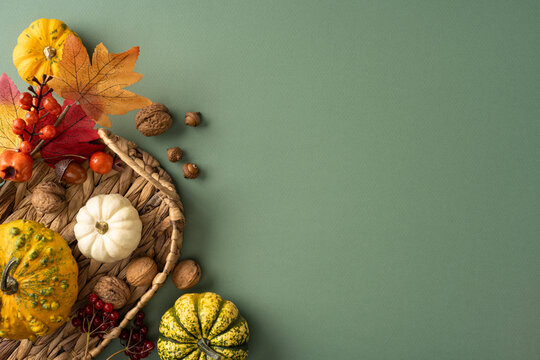 Autumn Thanksgiving still life with pumpkin, gourd, leaf, nut and basket on green background with place for design