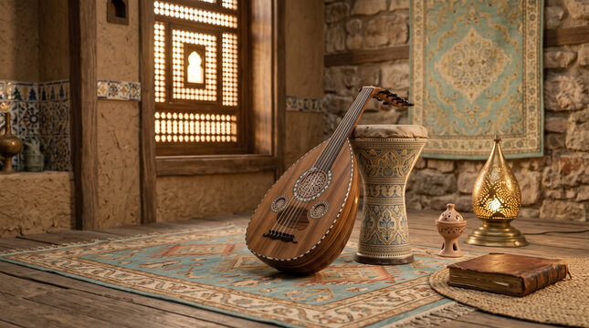 Traditional Egyptian musical instruments including an oud and a tabla drum