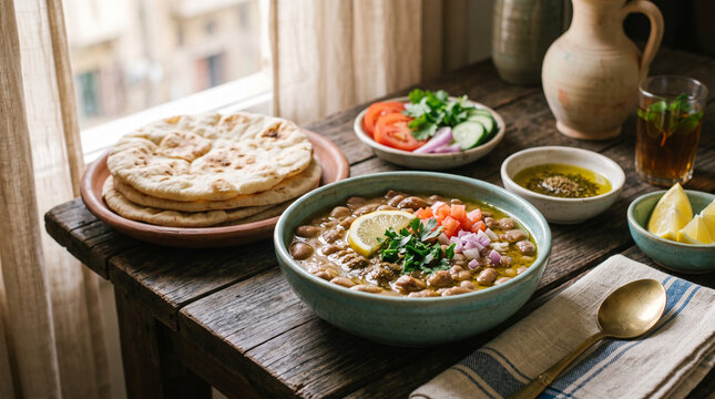 Traditional Middle Eastern fava bean breakfast with pita bread and vegetables