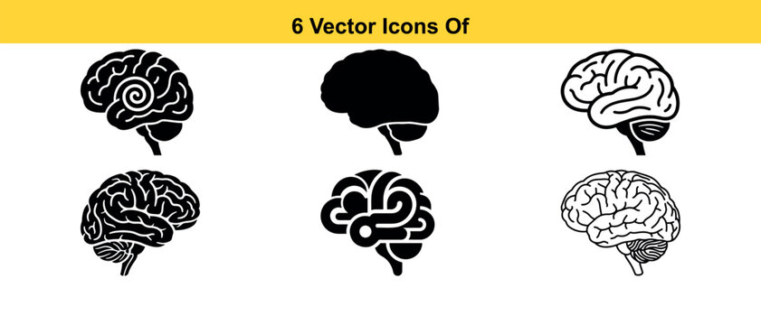 Six black brain vector icons set