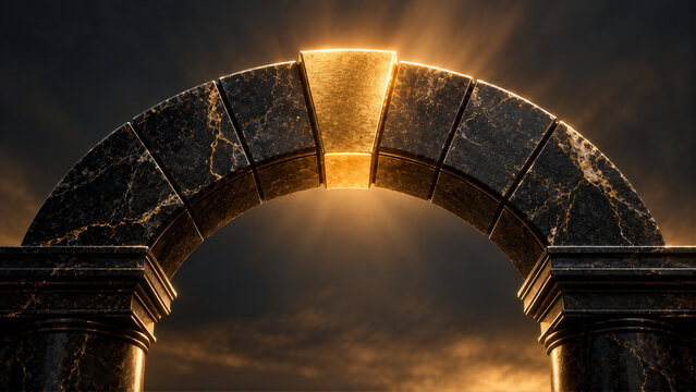 Golden Keystone in Stone Arch, Strength and Business Stability Concept