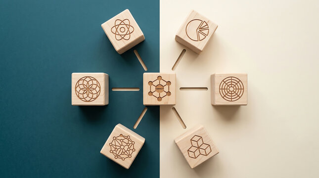 Wooden cubes arranged in a hub pattern with engraved designs studio setting