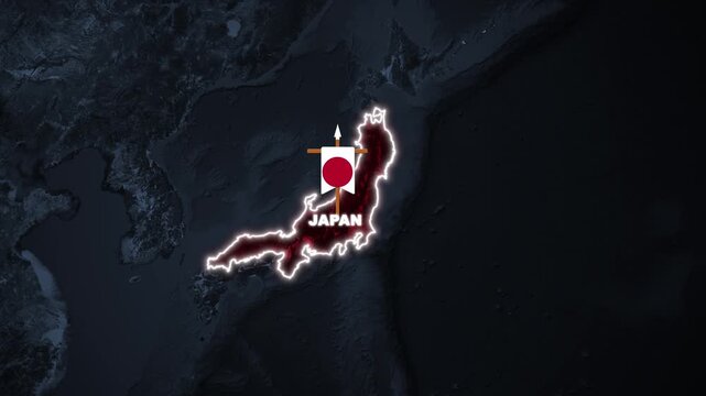 Digital 3D map animation showing the glowing border of Japan with Japanese flag location pin marker on dark satellite background