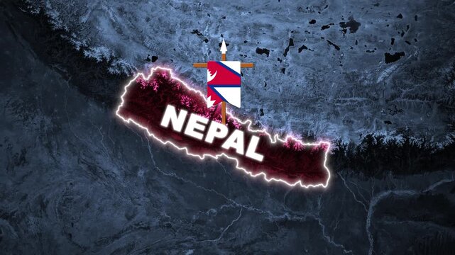 Nepal country map with glowing border and national flag on dark satellite background for geopolitical news and travel concepts