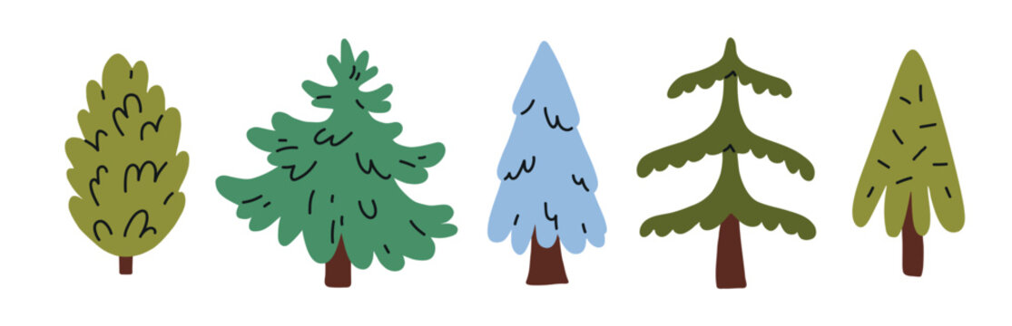 vector Set of five stylized evergreen trees in different shapes, isolated on a white background. Winter forest and Christmas elements for stickers, cards, nursery designs, seasonal decorations and nat