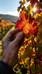 Obraz premium Hand holding vibrant autumn leaf in vineyard at sunset