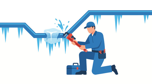 Professional plumber repairing a frozen pipe with icicles and water leaking in winter.