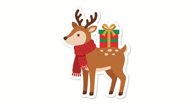 Cute cartoon reindeer wearing a red scarf with a Christmas gift on its back.