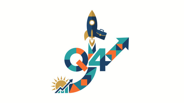 Quarter four business growth concept with a rocket launching and upward trending arrow.