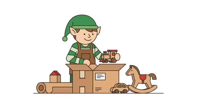 A cute cartoon elf packing wooden toys into a cardboard box for Christmas.