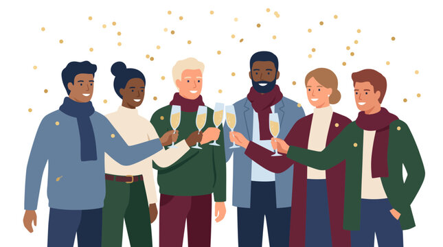 Diverse group of friends celebrating with champagne glasses and falling confetti in winter clothing.