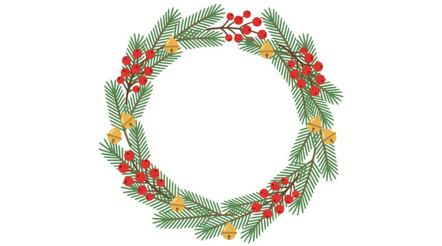 Festive Christmas wreath illustration with pine branches red berries and golden bells.