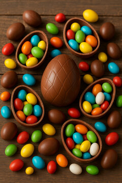 Chocolate easter eggs hold colorful candies on rustic wood