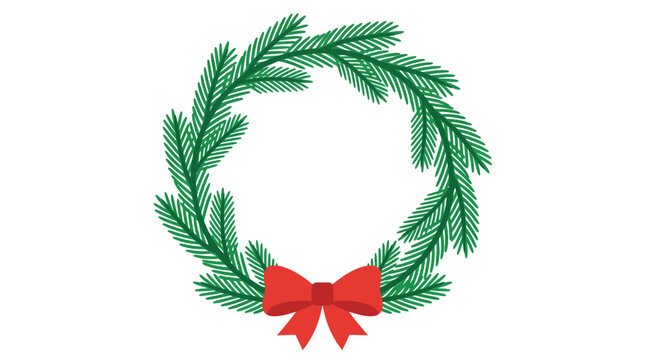 A festive Christmas wreath made of green pine branches with a red bow.