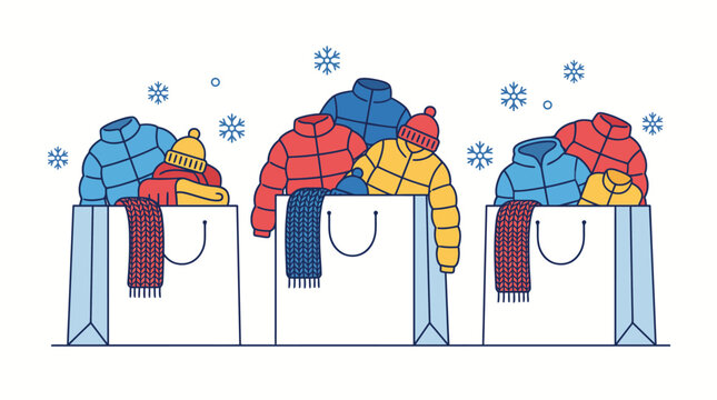 Shopping bags filled with colorful winter jackets and warm accessories for seasonal sale.