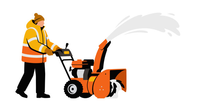 A man in high visibility clothing operating a snow blower machine during winter.