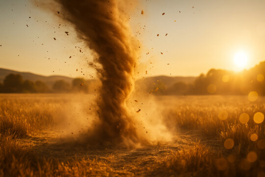 Spinning dust devil rising from a dry field in sunlight