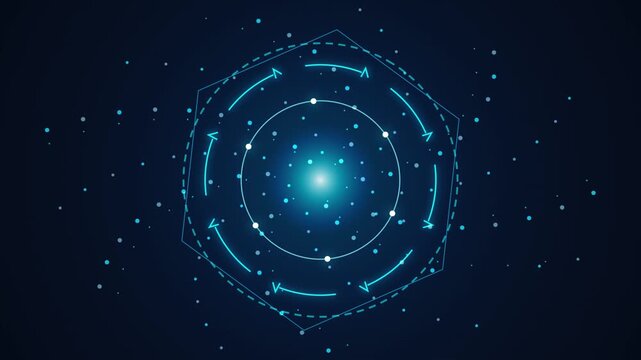 Abstract digital hud interface with glowing circular radar scan rotation on dark background