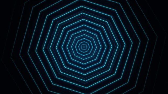 Blue neon tunnel with glowing geometric octagonal shapes moving forward in dark cyberspace motion