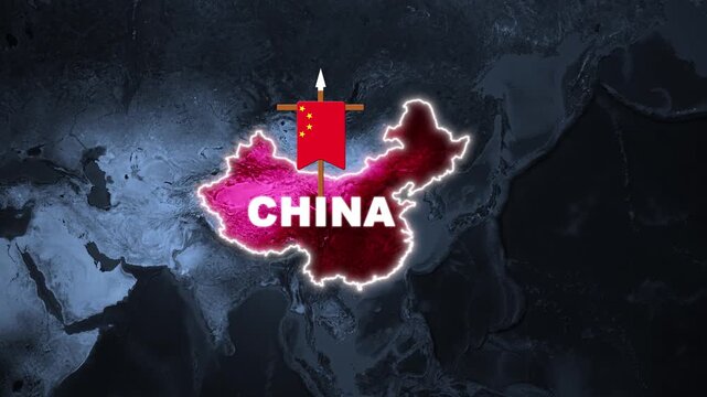 Glowing Map of China with National Flag Icon and Text Overlay on Dark Blue World Background for News Broadcast