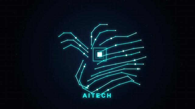 Cyan glowing circuit board pattern forming a swan shape with digital nodes on a dark background