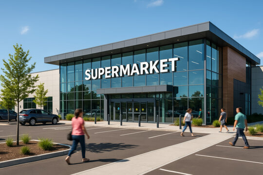 Pedestrians approach a glass supermarket across a landscaped parking area