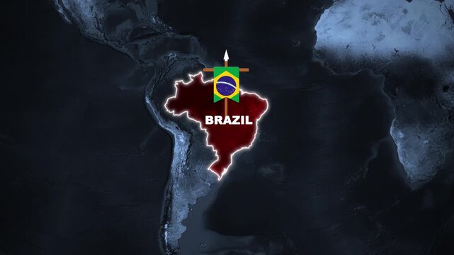 Digital map of Brazil with glowing borders and national flag icon on a dark blue global background for news graphics