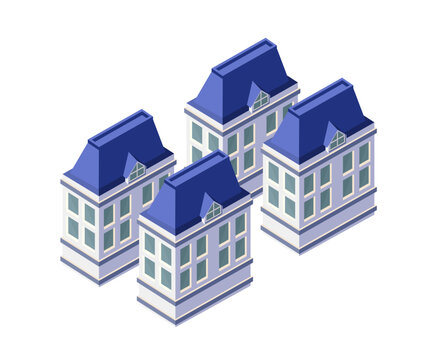 Isometric city buildings forming a residential block