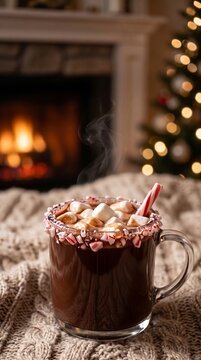 Rich hot cocoa with mini marshmallows and candy cane piece on soft blanket with christmas tree.
