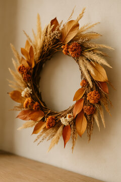 Autumn wreath of dried leaves and wheat on cream wall