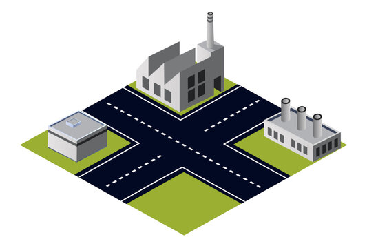 Isometric city block with buildings and road intersection