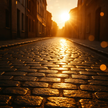 Low view along an empty cobblestone street at sunset