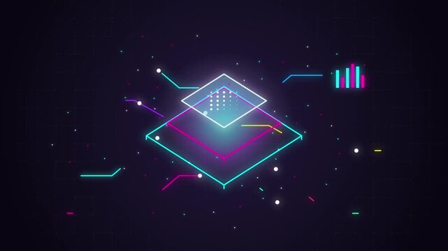 Neon technology diagram with glowing square layers and data charts in a dark digital network grid