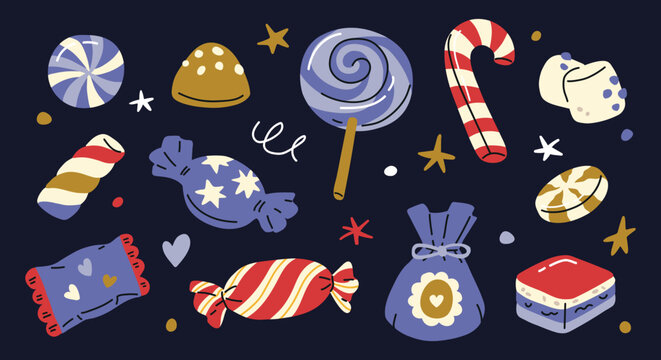 Christmas candy collection with lollipops, candy canes, wrapped sweets and festive treats in a colorful flat doodle style. Vector sticker elements for holiday designs.